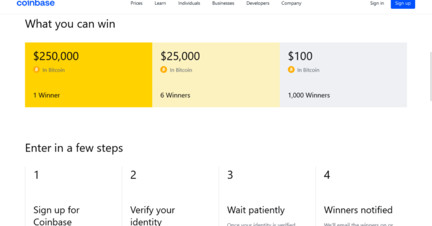 Sign up at Coinbase for the Chance to Win $250,000